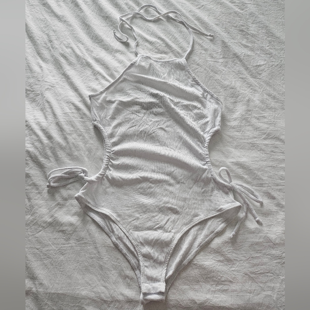 Fashion Nova White Ribbed Halter Bodysuit